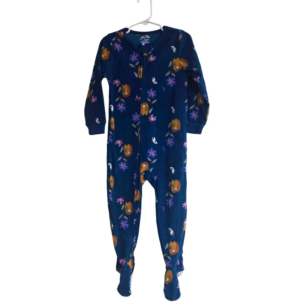 Carters Toddler Girls 3T Navy Blue Fleece Hedgehog Floral Footed Pajamas Sleeper